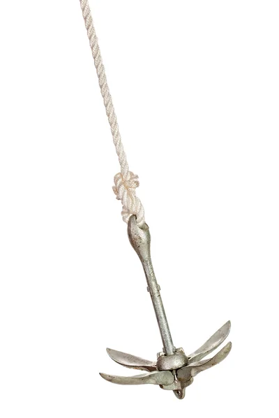 Faltbarer Anker auf Seil isoliert über weißem Hintergrund — Stockbild Anker am Seil isoliert — Stockfoto