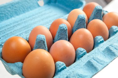 Mavi bir kutu içinde kahverengi tavuk yumurta