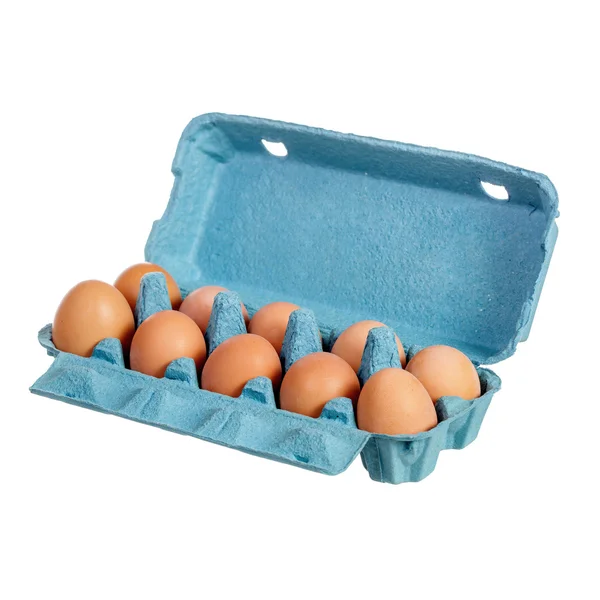 Huevos en una caja de cartón azul — Foto de Stock