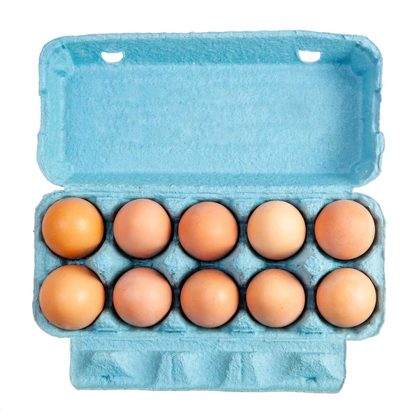 Brown hen eggs in a blue box — Stock Photo, Image