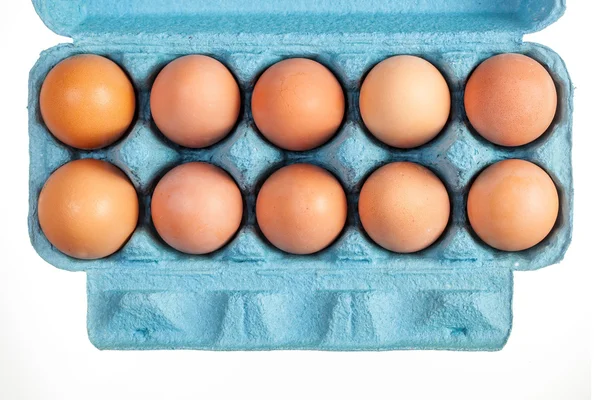 Huevos de gallina marrón en una caja azul — Foto de Stock