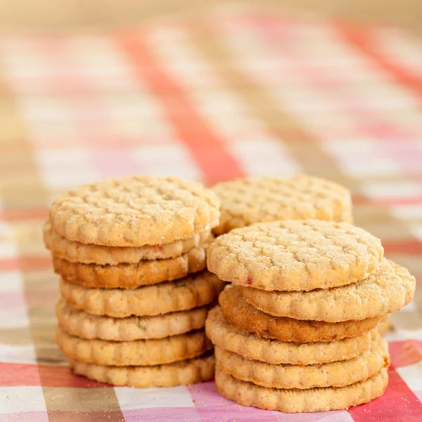 Round cookies on a table