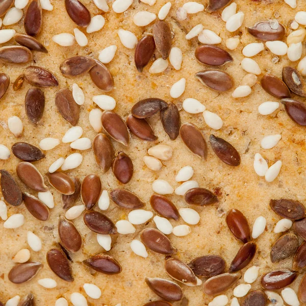 Makro av lin och sesam frön på cookie — Stockfoto