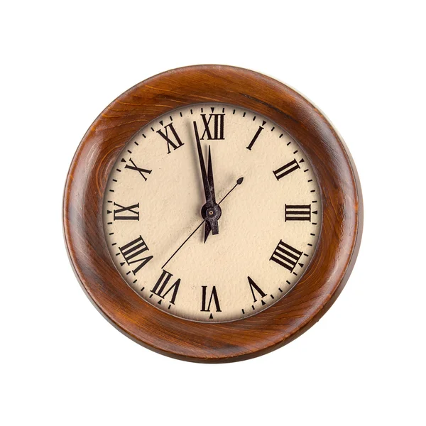 古董钟脸上显出两分钟到十二点在木框 — 图库照片