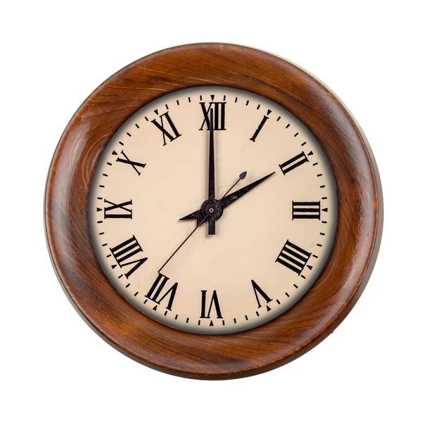 Vintage clockface ukazující dvě hodiny v dřevěném rámu — Stock fotografie