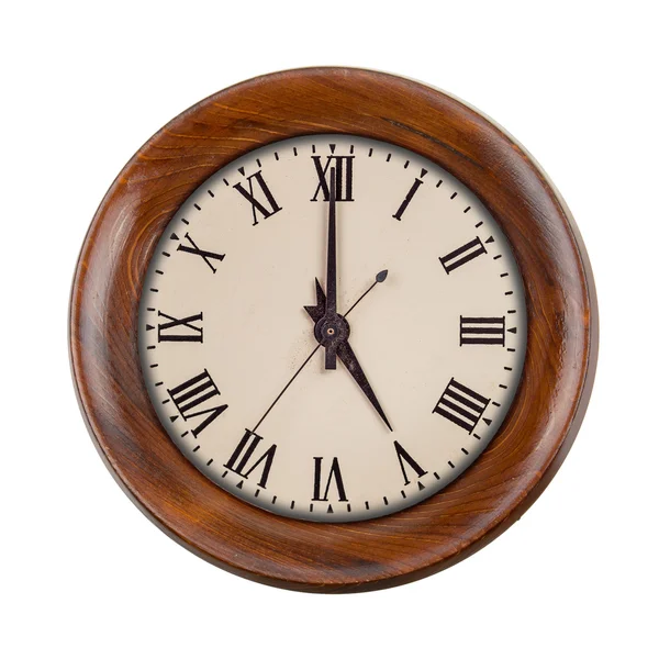 Vintage clockface ukazuje pět hodin v dřevěném rámu — Stock fotografie