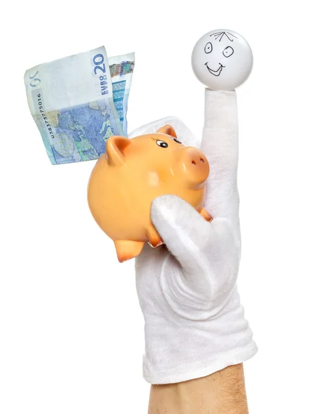 Finger puppet holding piggybank with euro note — Stock Photo, Image