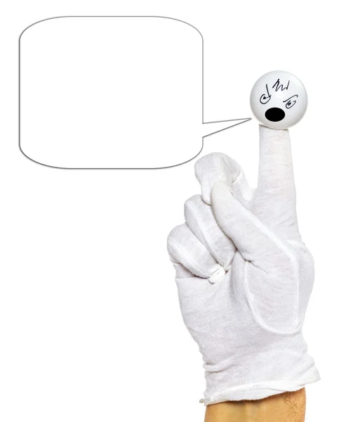 Hand in white glove and angry finger puppet with speech bubble — Stock Photo, Image