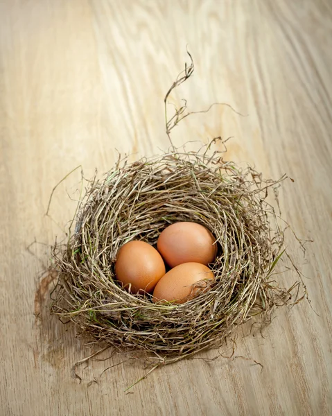 Three brown eggs on nest on wooden plate — Stock Photo, Image