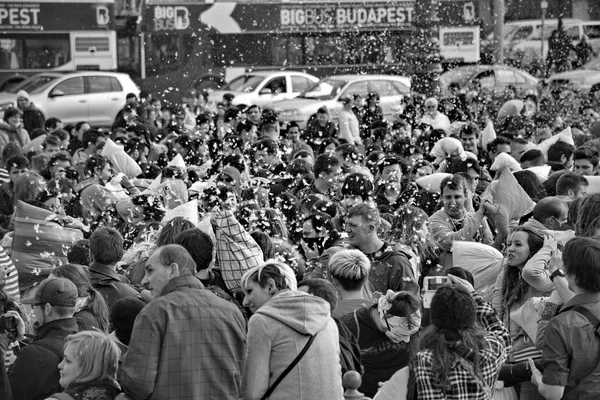 BUDAPEST, UNGHERIA - 04 APRILE: Giorno della battaglia dei cuscini in Piazza degli Eroi — Foto Stock