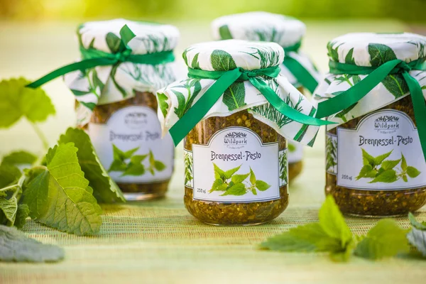 Bicchieri con ortica Pesto e decorazione — Foto Stock