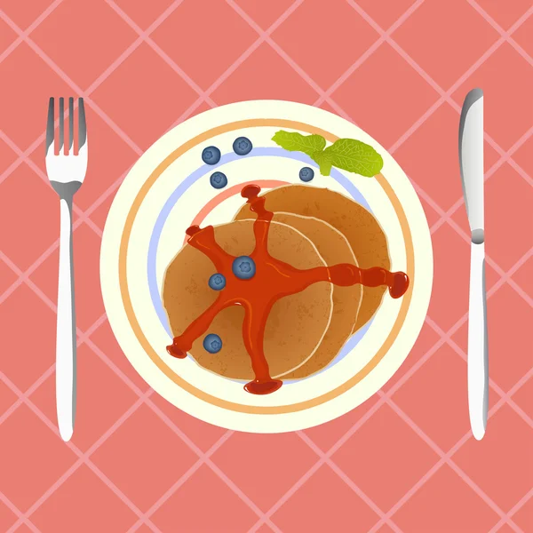 煎饼，蓝莓和枫糖浆的早餐，矢量 — 图库矢量图片