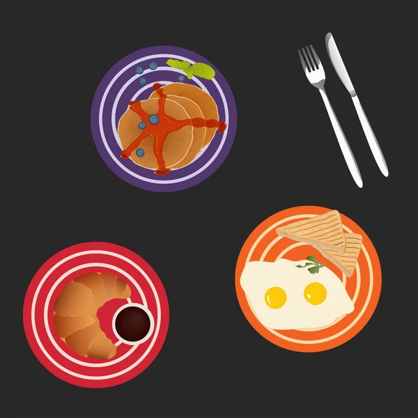 Sabroso desayuno con huevos, panqueques y croissant, vector illust — Vector de stock