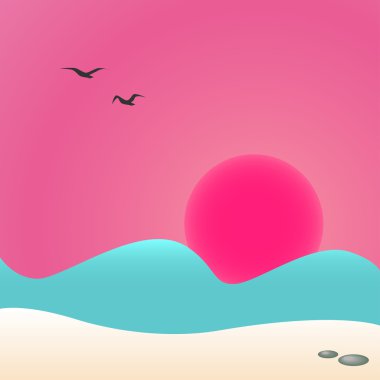 Deniz, vektör çizim gün batımında