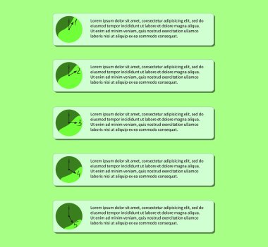 Original number list in green shades, icons for five steps, for 