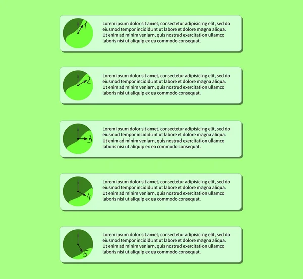 Original number list in green shades, icons for five steps, for 