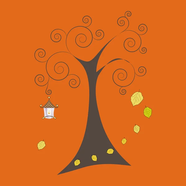 Sonbahar ağaç düşen yaprakları ve eski lamba, vektör illustratio
