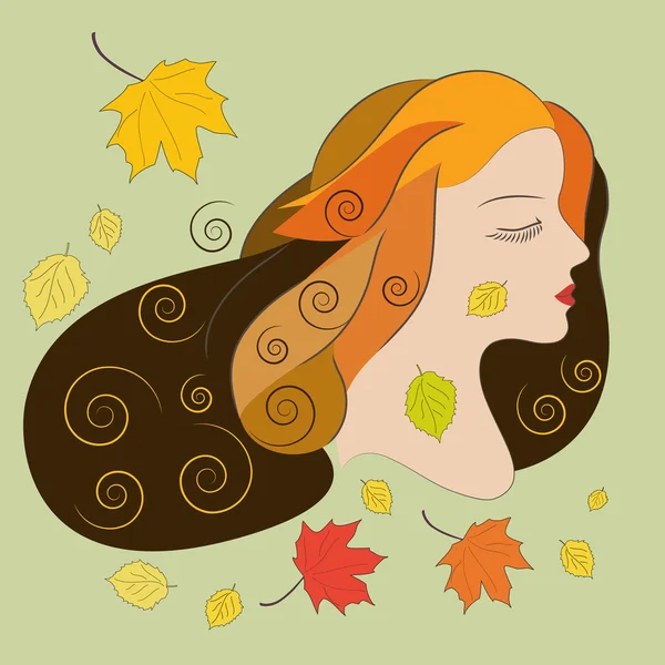 Jeune femme aux feuilles d'automne, illustration vectorielle plate — Image vectorielle