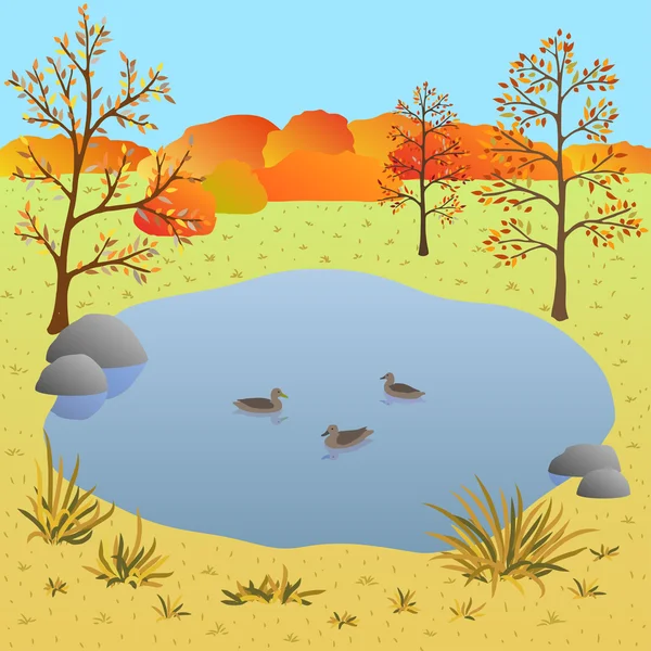Flate Φθινοπωρινό τοπίο, λίμνη με πάπιες, εικονογράφηση φορέας — Διανυσματικό Αρχείο