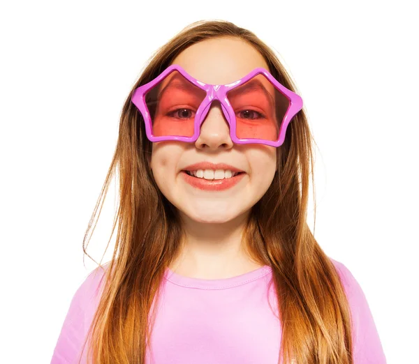 Cara feliz de chica en gafas con monturas de estrellas —  Fotos de Stock