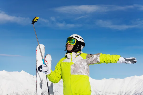 Taking selfie with ski over mountain — Stock Photo, Image