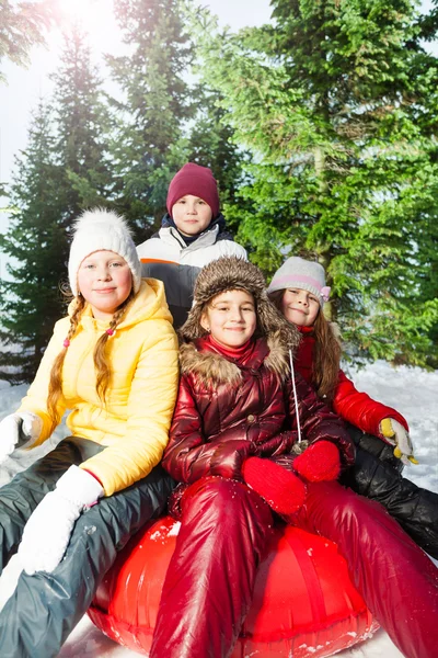 Kinderen zitten op de slee — Stockfoto