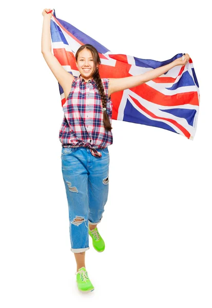 Menina asiática acenando bandeira britânica — Fotografia de Stock