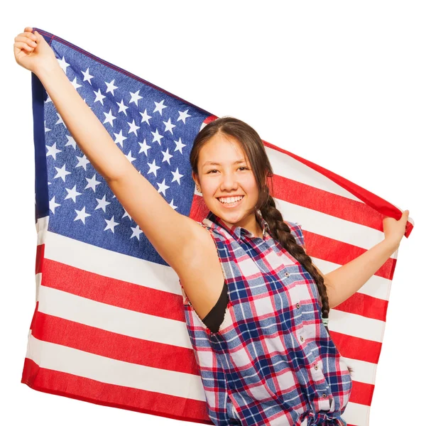 Adolescente menina detém bandeira americana — Fotografia de Stock