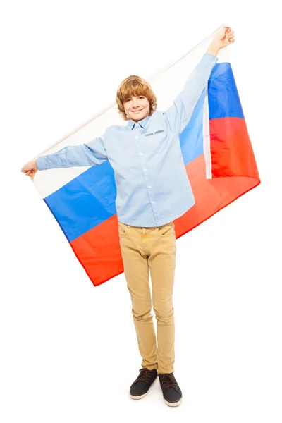 Εφηβικό αγόρι κυματίζει ρωσική σημαία — Φωτογραφία Αρχείου