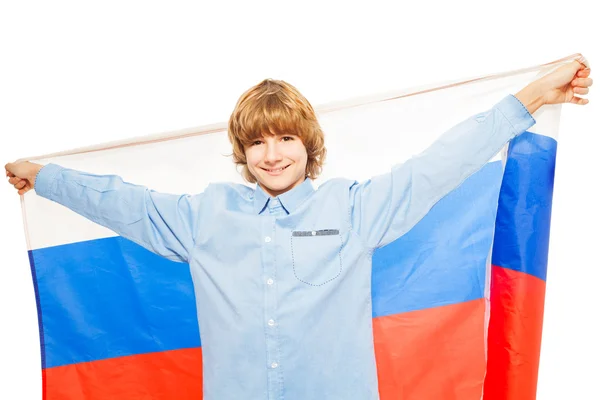 Menino acenando bandeira russa — Fotografia de Stock
