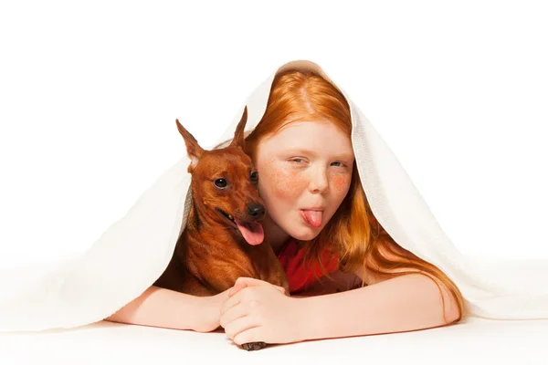 Girl under the  blanket with  pet dog — Stock Photo, Image