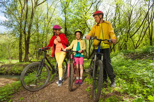 Viagem de bicicleta familiar no parque primaveril — Fotografia de Stock