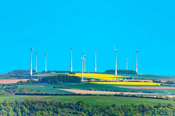 Group White Wind Power Turbine Generators Rotate Agricultural Field Germany — Stock Photo, Image