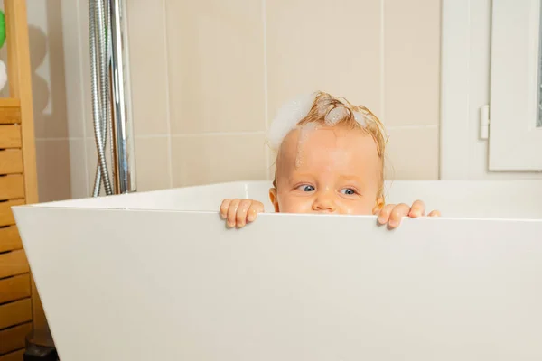Little Blond Toddler Boy Hidden Bathtub Playing Hide Seek — Stock Photo, Image