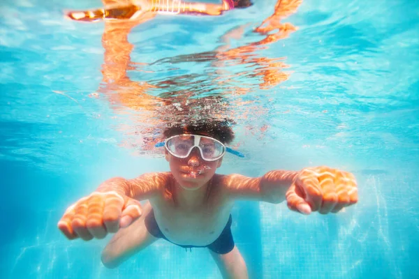 Portrait Boy Hands Stretched Front Dive Underwater Pool Wear Scuba — Stock Photo, Image