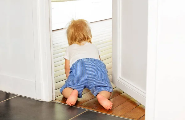 Kleiner Kleinkind Junge Kriecht Ins Zimmer Mit Blick Von Hinten — Stockfoto