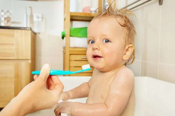 Little Blond Toddler Boy Proposed Use Toothbrush Bath Time — Stock Photo, Image