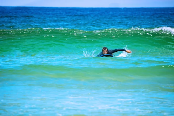 Portrait Man Paddling Ocean Catch Wave View Water — Stock Photo, Image