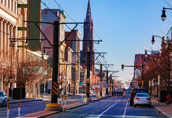 Buffalo Main street and tram line in direction of Saint Louis Roman Catholic Church