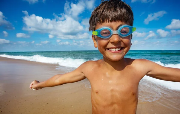 Close Portrait Young Boy Swimming Googles Stand Beach — Stock Photo, Image