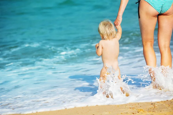 View Back Little Toddler Boy Hold Mother Hands Walking Splashing Stock Picture