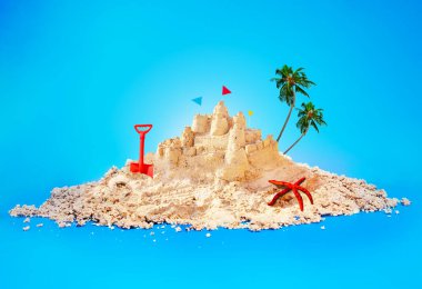 Summer vacation illustration beach island with sandcastle, palms, starfish and toy scoop