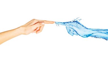 Two hands water and real woman with fingers touching concept of skin moisture or ecology