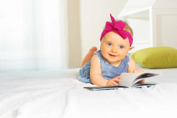 Infant Baby Girl Curious Look Beautiful Red Bow Laughing While — Stockfoto