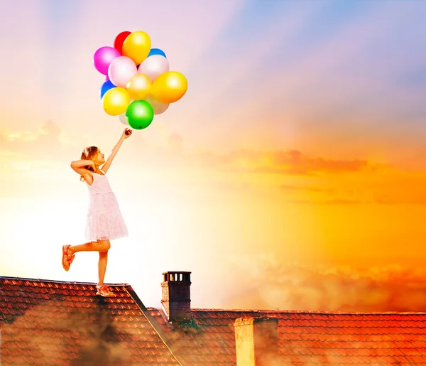 Fairytale Illustration Little Girl Jump Balloons House Roof Sunset — Stockfoto