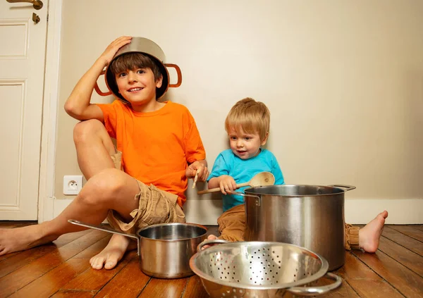Two Brothers Including Happy Toddler Boy Play Drum Spoons Pans — Stok fotoğraf