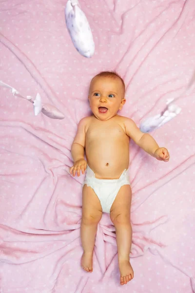 Mobile Toys Little Baby Girl Lay Pink Blanket Top View — Stockfoto