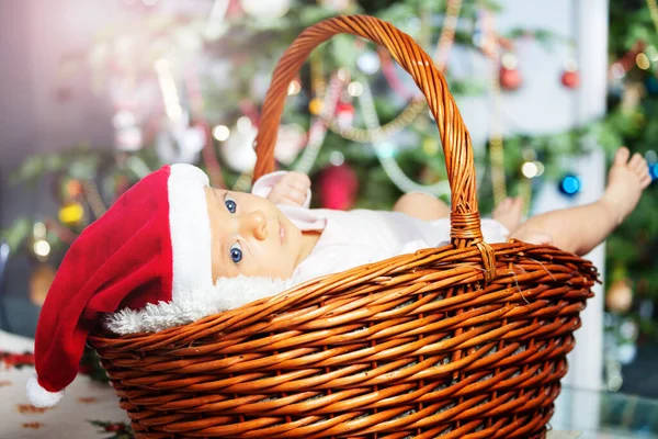 Close Little Baby Girl Basket New Year Christmas Tree — Φωτογραφία Αρχείου