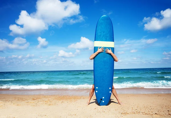 Man Surfer Hug Surf Board Hands Standing Sea Waves Background — Stockfoto