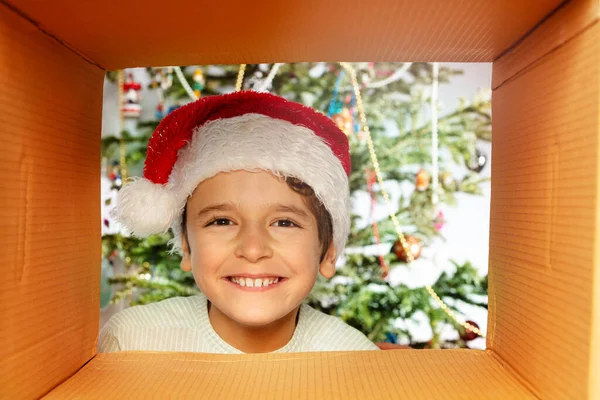 Glücklich Lächelnder Junge Blickt Geschenkbox Mit Weihnachtsmütze Mit Weihnachtsbaum Hintergrund — Stockfoto